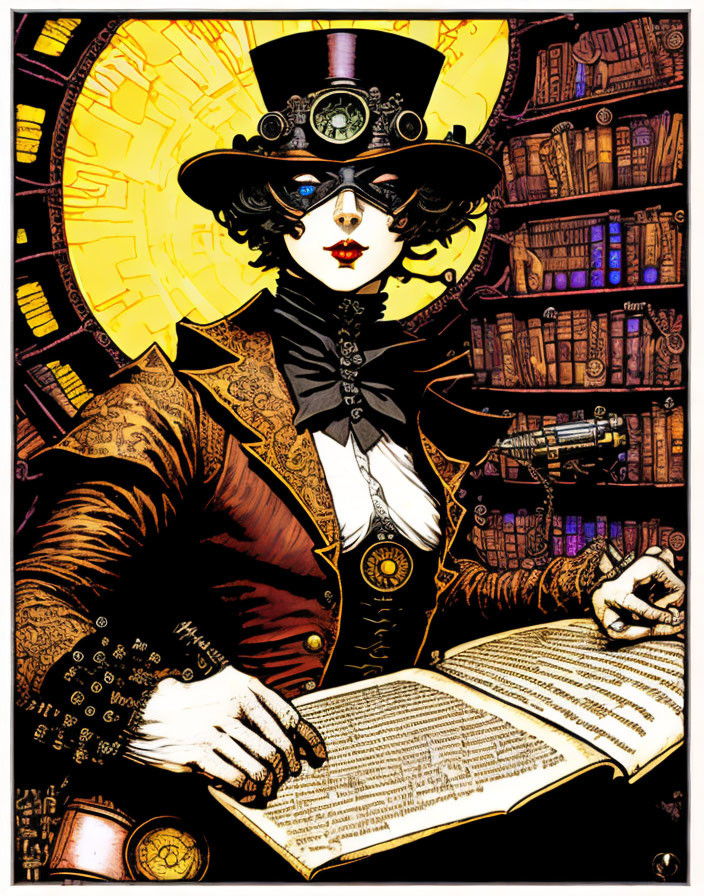 Steampunk-themed illustration of a person with top hat and goggles reading a book