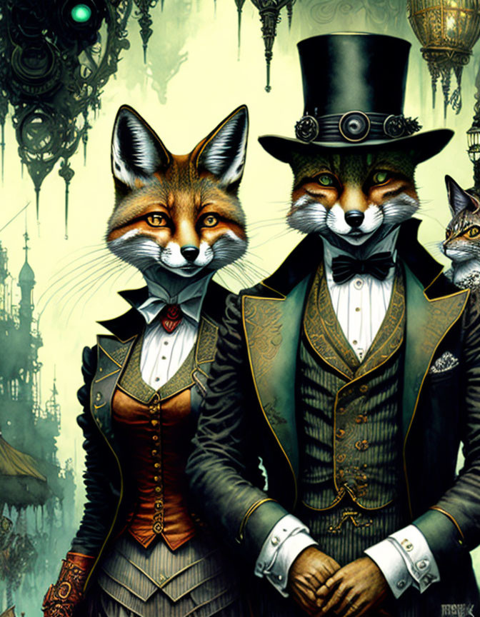 Elegant Victorian attire on anthropomorphic foxes with steampunk backdrop