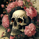 Skull with Pink and Red Roses Contrasting Life and Death Themes