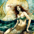 Golden-crowned mermaid by the sea with sailboat and moon in artistic style