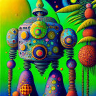 Colorful whimsical robots in vibrant space landscape with alien flora.