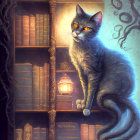 Mystical cat with glowing eyes on books pile in vintage library