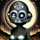 Surreal painting of alien with cosmic head on moonscape