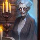 Elderly woman reading book with candles and mirror in background