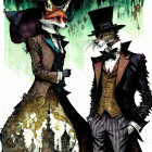 Anthropomorphic foxes in Victorian attire with eerie castles and ghostly wolves