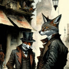 Anthropomorphic foxes in Victorian attire in old London setting