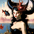 Fantastical portrait of woman with horns, flying fish, black cat, surreal landscape