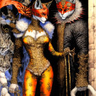 Baroque-style costumes with animal masks: raven, fox, and wolf.