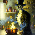 Skeleton in Top Hat and Suit Brewing Potion in Steaming Cauldron among Golden Pots and P