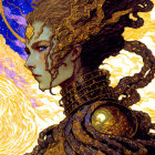 Stylized woman with golden headdress in cosmic background