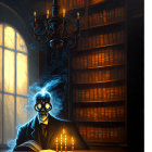 Skull-faced figure reading by candlelight in dimly lit room