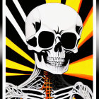 Stylized human skull and spinal anatomy with sunburst pattern in black, white, and yellow.