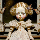 Doll-like figure with large eyes in surreal vintage scene