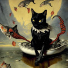 Surreal artwork: black cat in boat with flying fish under dramatic sky