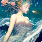 Mermaid with flowing hair in serene underwater scene