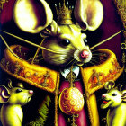 Regal mice in golden crown and purple robe on dark backdrop