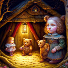 Four solemn-faced doll-like creatures outside a warm-lit treehouse.