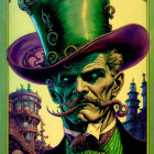 Illustration of man with green skin in purple tentacled top hat against gothic architecture.