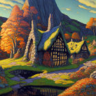 Colorful Autumn Landscape with Thatched-Roof Cottage & Mountain