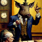 Anthropomorphic Pig in Suit with Vintage Clocks and Businesspeople