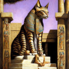 Regal anthropomorphic cat in Egyptian pharaoh attire on throne with columns.