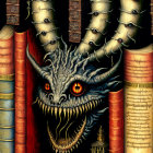 Majestic dragon among vintage books with ornate spines