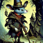 Medieval-themed anthropomorphic mouse in mystical forest with lanterns and castle