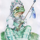 Medieval-themed anthropomorphic frog with spear on lily pad