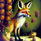 Red Fox Among Purple Grapes and Golden Leaves on Moody Background