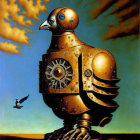 Surreal painting: mechanical bird, desert backdrop, real bird, small door