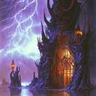 Gothic fantasy castle at night in stormy sky with lightning.