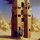 Robed Figure Sitting Before Carved Tower in Desert Landscape