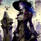 Gothic-style illustration of a woman in Victorian attire with bats, clockwork, and spires