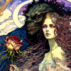 Woman with flowing hair and flowers holding a rose next to majestic wolf in celestial setting