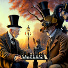 Elderly anthropomorphic dogs play chess in Victorian attire