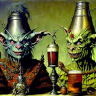 Fantastical goblin-like creatures in ornate attire with candle and drink on green background