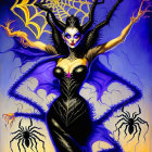 Woman in Spider-Themed Attire with Cobweb Designs on Vibrant Background