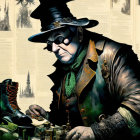 Steampunk-inspired scene with person in top hat and goggles examining boots amid vintage machinery.