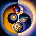 Abstract cosmic painting with celestial bodies and yin-yang symbolism