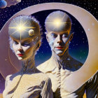 Surreal portrait of man and woman with golden hairstyles in cosmic setting