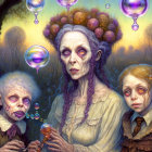 Elderly woman with floating orbs crown and children in mystical forest