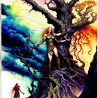 Fantasy warrior woman on twisted tree with dramatic sky and cloaked figure