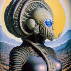 Digital artwork: humanoid figure with ornate helmet and armor in desert with large sun