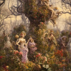 Elaborately dressed women with crowns in fantasy setting