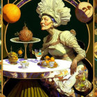 Elderly woman in Victorian attire serving tea with fantastical elements