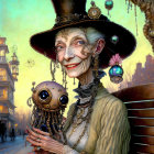 Elderly woman in Victorian steampunk attire holding mechanical creature.