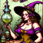 Illustration of woman in witch costume with purple hat and green potion, surrounded by mystical items and owl