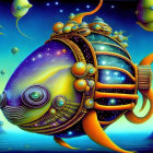 Cosmic fish with mechanical features in space scene