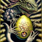 Detailed Green Dragon Coiled Around Golden Egg With Smaller Eggs