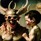 Detailed painting of smiling horned clown figure with child, fantastical creatures in background